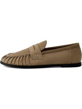 Women's Taupe Suede Leather Penny Loafers Pleated Slip On Casual Flat Shoes